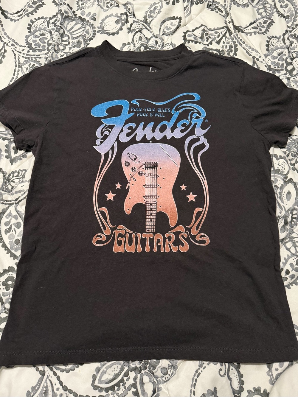 Fender Black Tee with Blue and Peach Guitar Graphic